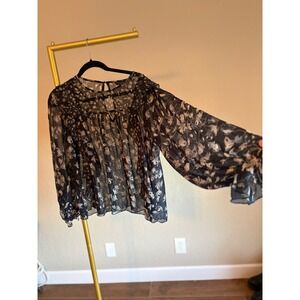 Lucky Brand Top Sheer Ruffle Long Balloon Sleeve S Flowy Coquette Dark Romantic